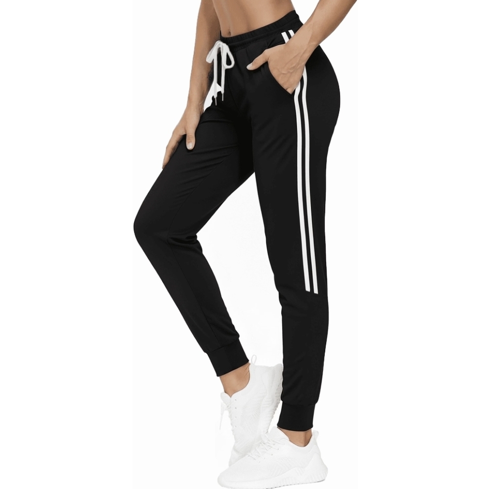 2X Women's Black Jogger Pants White Stripes Thin Sweat Pants Yoga Workout Lounge